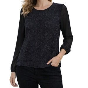 Chloe K Lace Front Blouse Womens Large Black Sheer Sleeve Back Zip Top